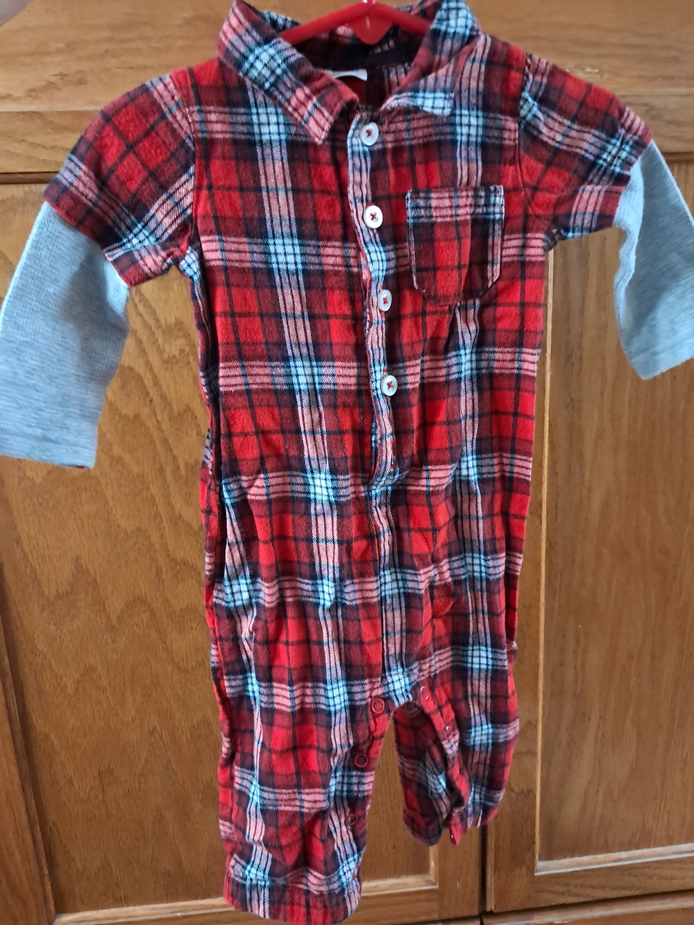 Kids Red Plaid One-Piece Romper with Heather Gray Sleeves